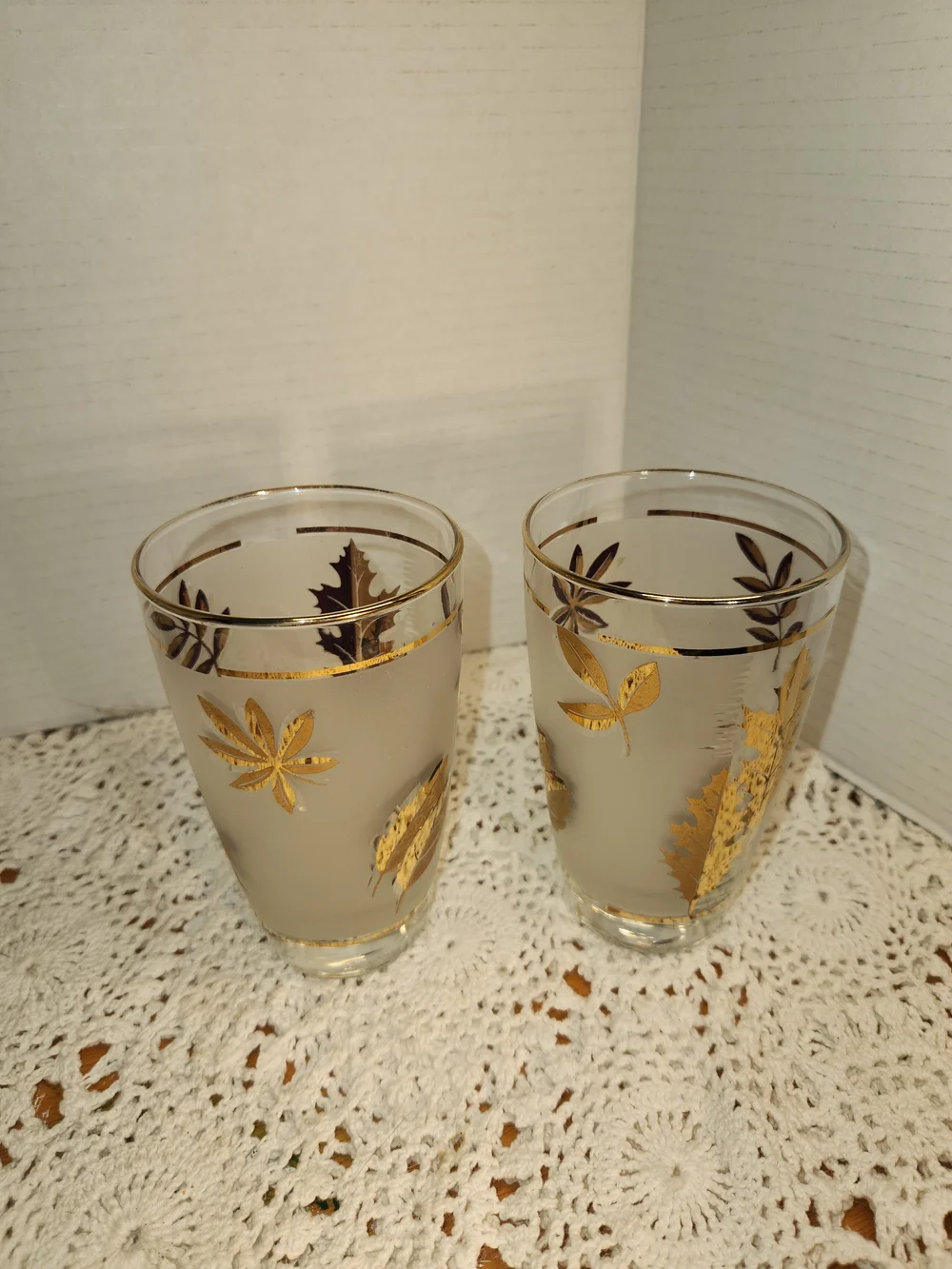 Frosted Glass Tumbler Pair with Gold Leaf Motif